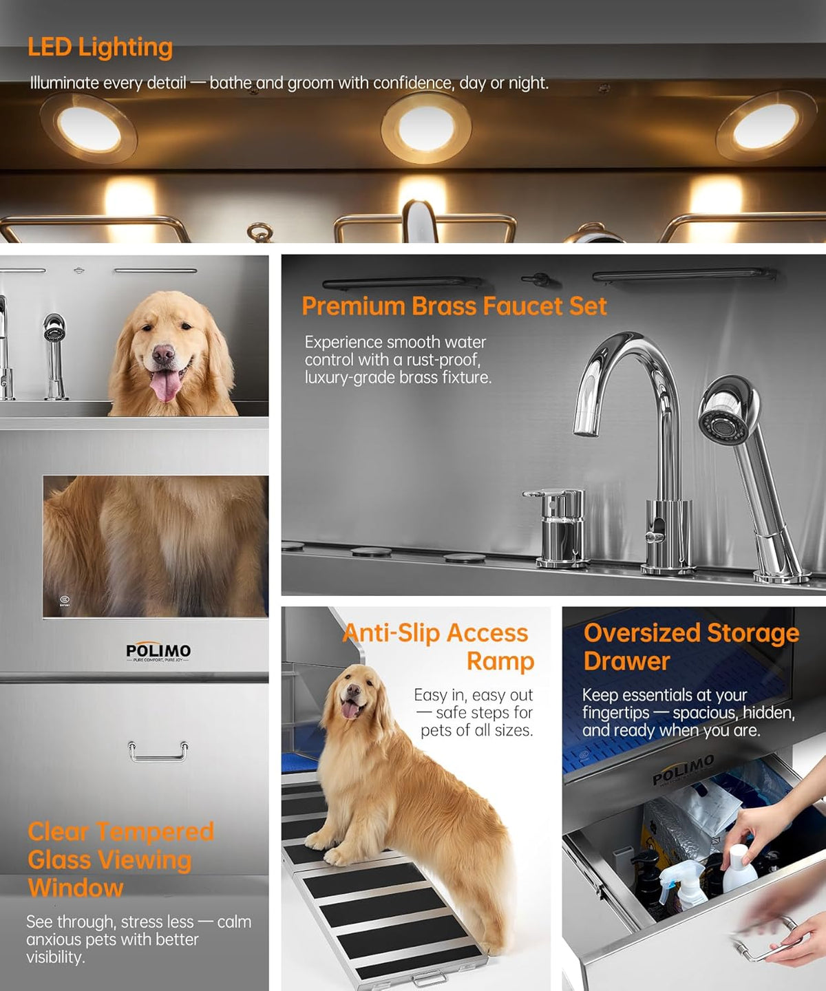 POLIMO Dog Washing Station, LED Professional Stainless Steel Dog Bathing Station 61", Dog Grooming