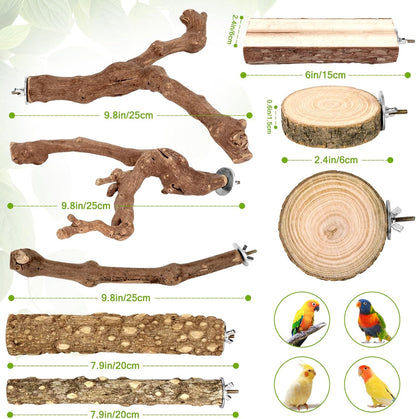 8PCS Natural Grape Wood Bird Perch Set - Parrot Cage Stand with Paw Grinding Forks, Chewing Sticks