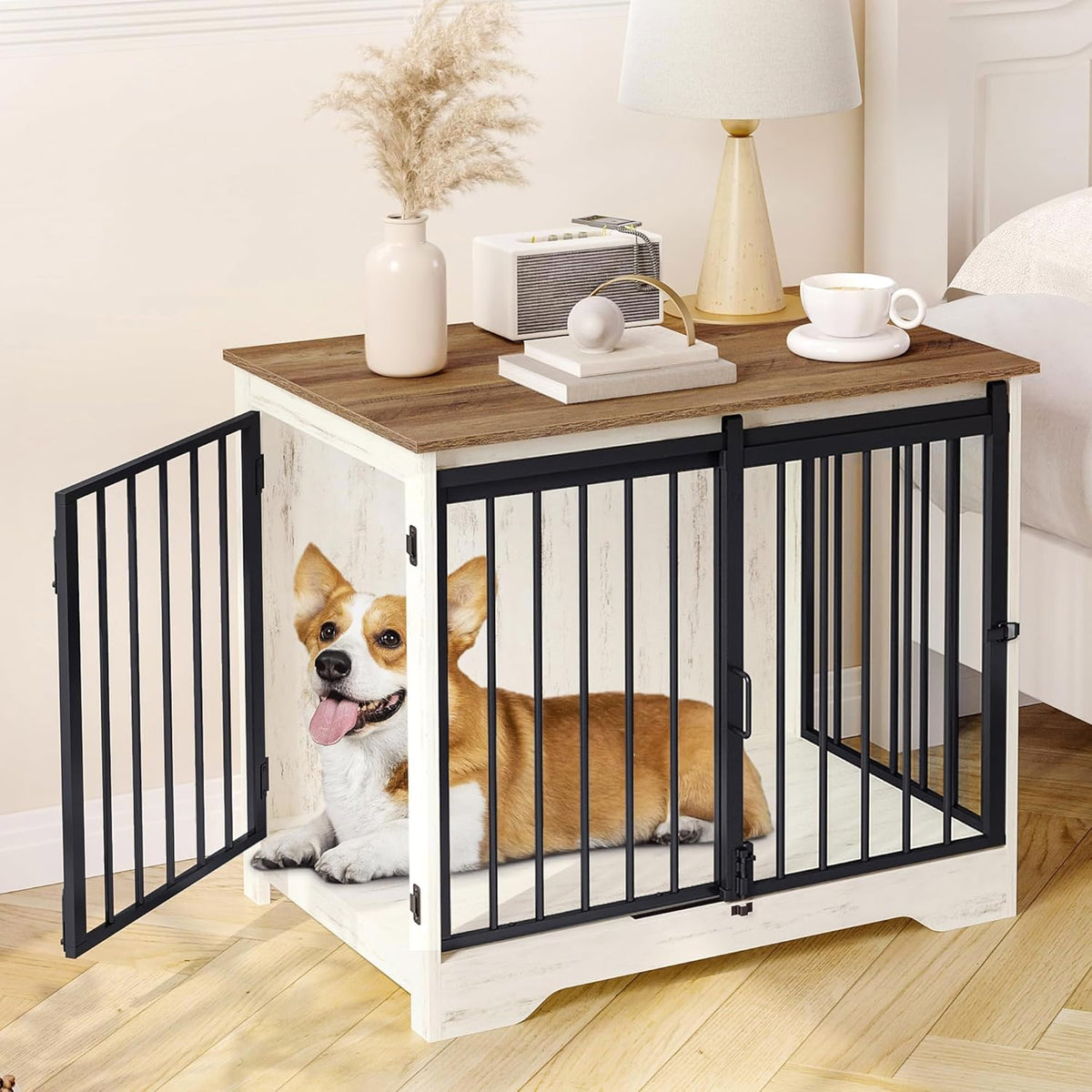 31.9" Dog Crate Furniture with Barn Door, Heavy Duty Dog Kennel Indoor with 2 Doors, Wooden Pet