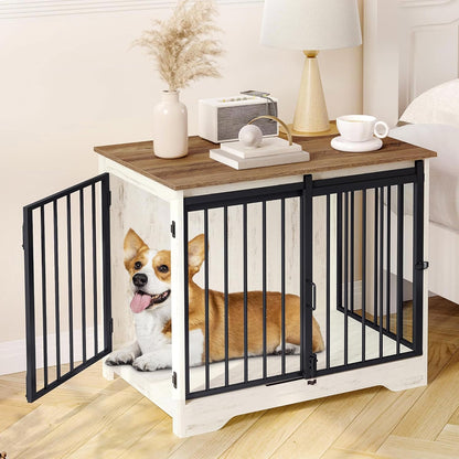 31.9" Dog Crate Furniture with Barn Door, Heavy Duty Dog Kennel Indoor with 2 Doors, Wooden Pet