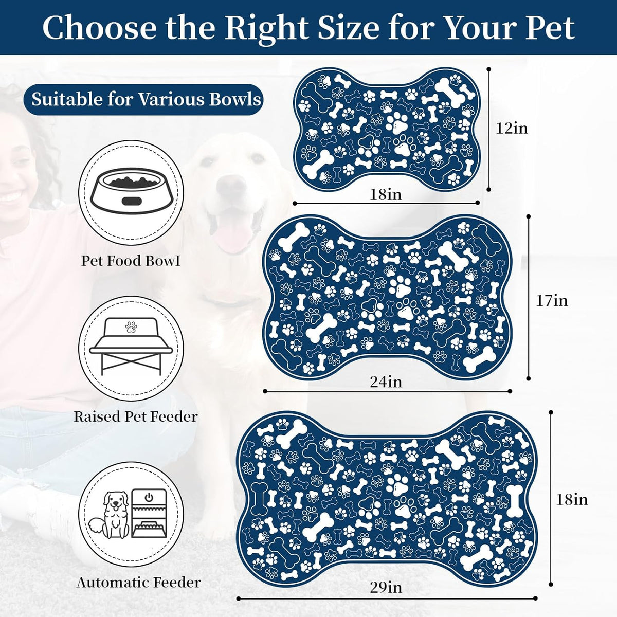 Dog & Cat Food Mat Bone Shaped Pet Feeding Mat Quick Absorb Water Bowl Placemat with Rubber Backing