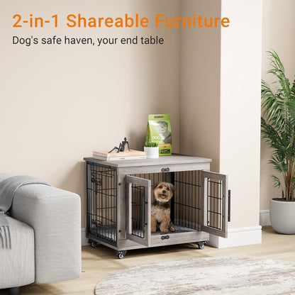 Lulive Small Dog Crate Furniture Set of 2, Dog Kennel Indoor Double Doors Wooden Dog Cage, 27''