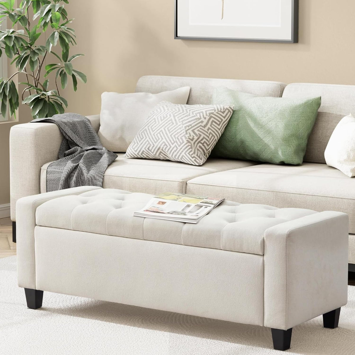 Ottoman with Storage, 48.8" Fabric Storage Ottoman Bench with Hinge, Bedroom Bench, Upholstered
