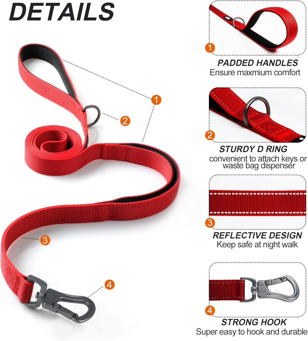 TwoEar 6FT 1IN Strong Red Dog Leash with 2 Padded Handles, Traffic Handle Extra Control