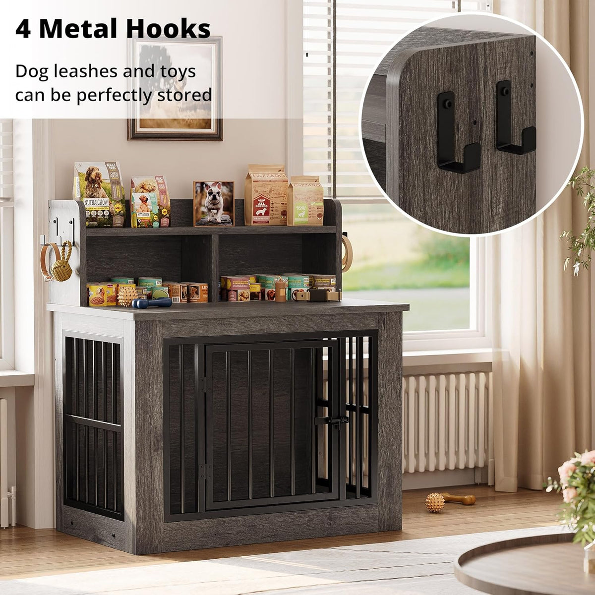 IRONCK Dog Crate Furniture, 33.4 inches Wooden Small Dog Crate with Storage and 4 Hooks, Heavy Duty