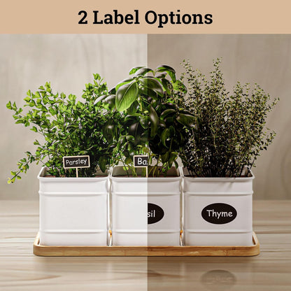 Herb Planter Indoor - 3 Iron Herb Pots with Drainage Holes, Varnished Bamboo Tray, Customizable