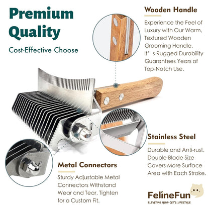 FelineFun Cat Brush for Dematting & Deshedding, 2 in 1 Undercoat Rake, Efficiently Remove Loose