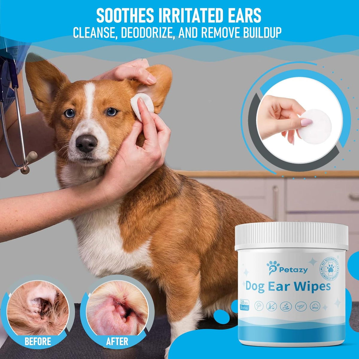 Dog Ear Wipes for Dog Yeast Wax Itch and Odor | Unscented Dog Ear Cleaner for Dogs | Natural