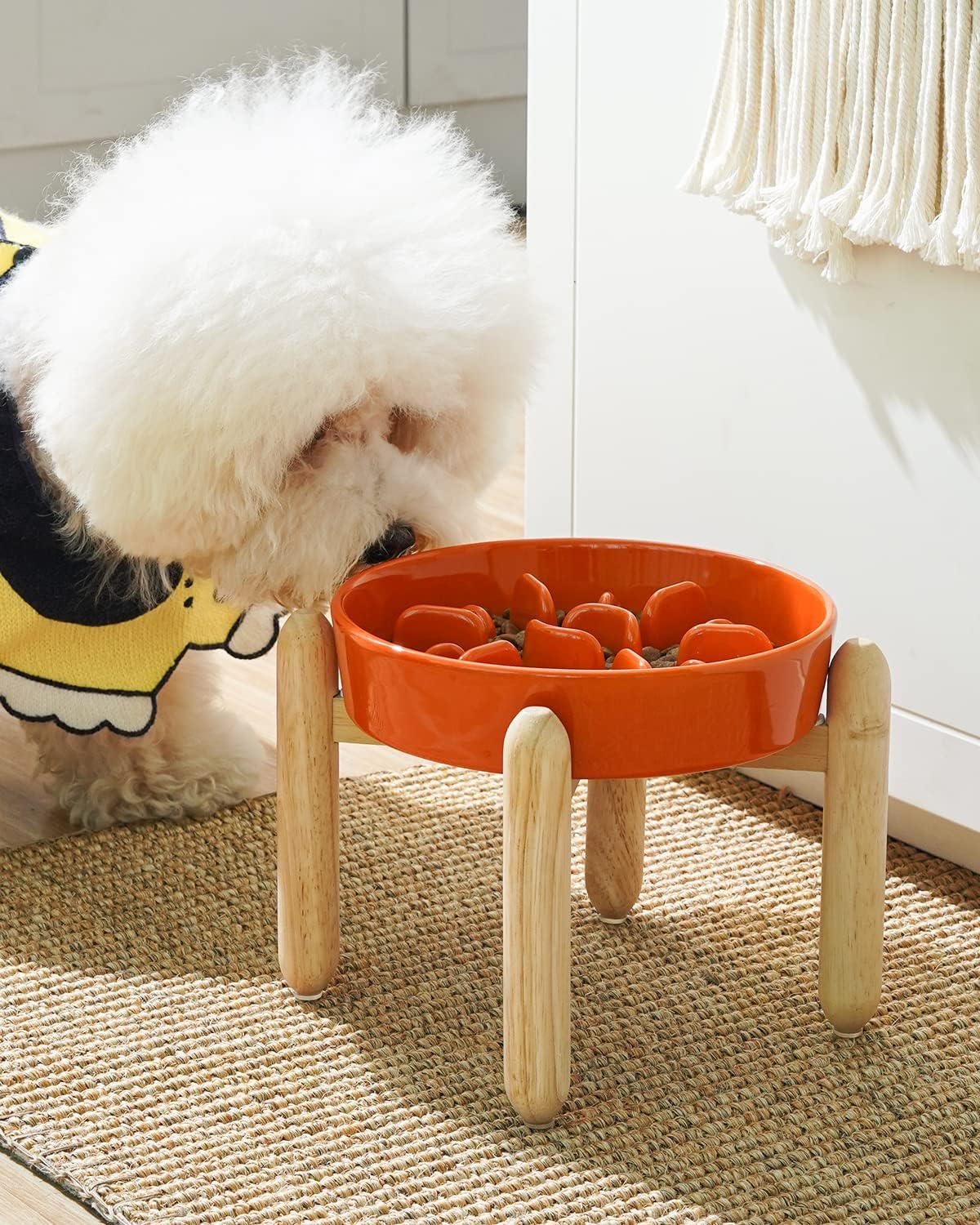 LE TAUCI Ceramic Slow Feeder Puzzle Bowl Elevated 3 Cup with Wooden Stand for Medium Large Dog