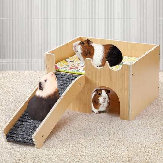 Upgraded Guinea Pig Castle, Sturdy Wooden Guinea Pig Hideout, Small Animal House Bed Hut Habitats