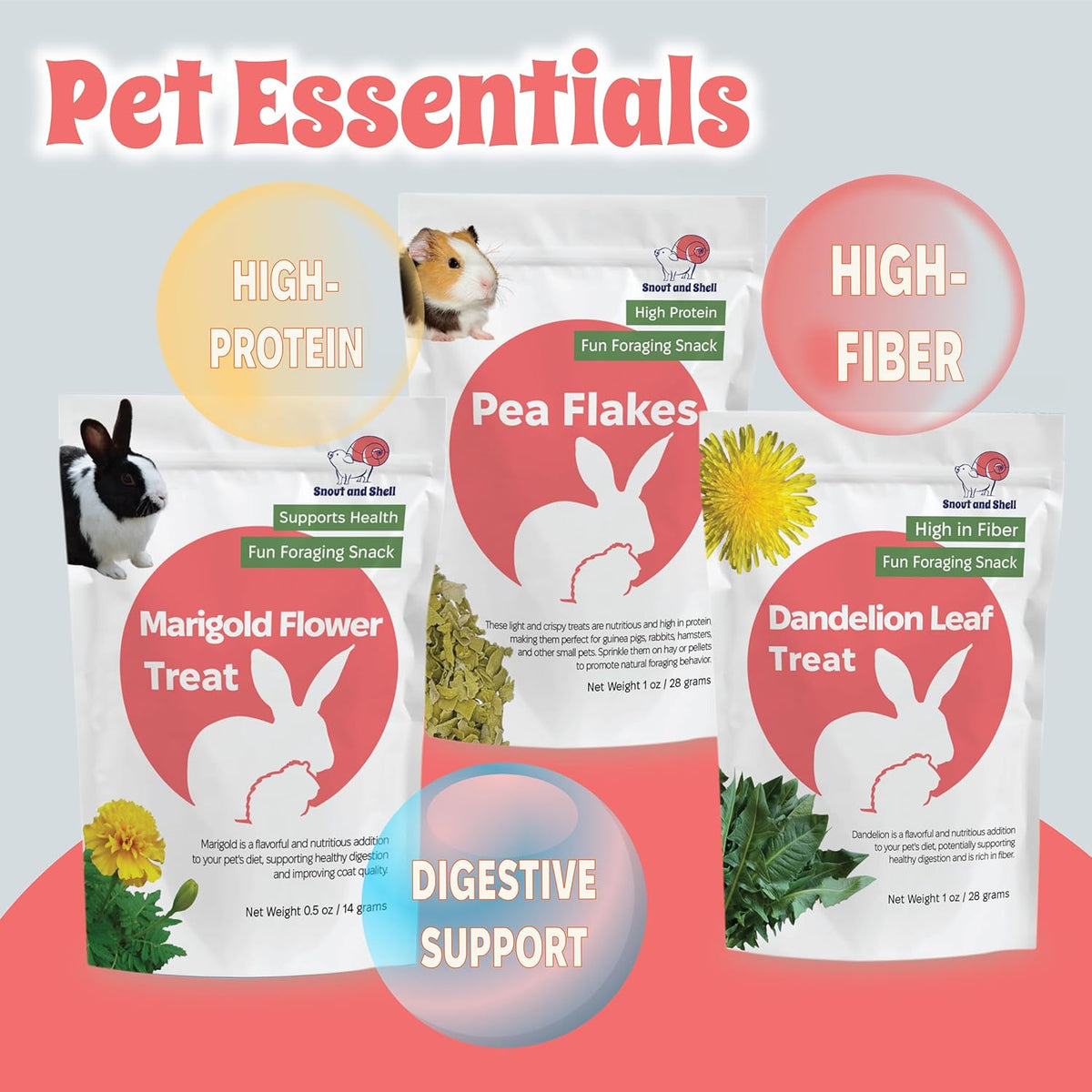 Snout and Shell Small Animal Treats – Pea Flakes, Dandelion Leaf (1oz), Marigold Flowers (0.5oz)
