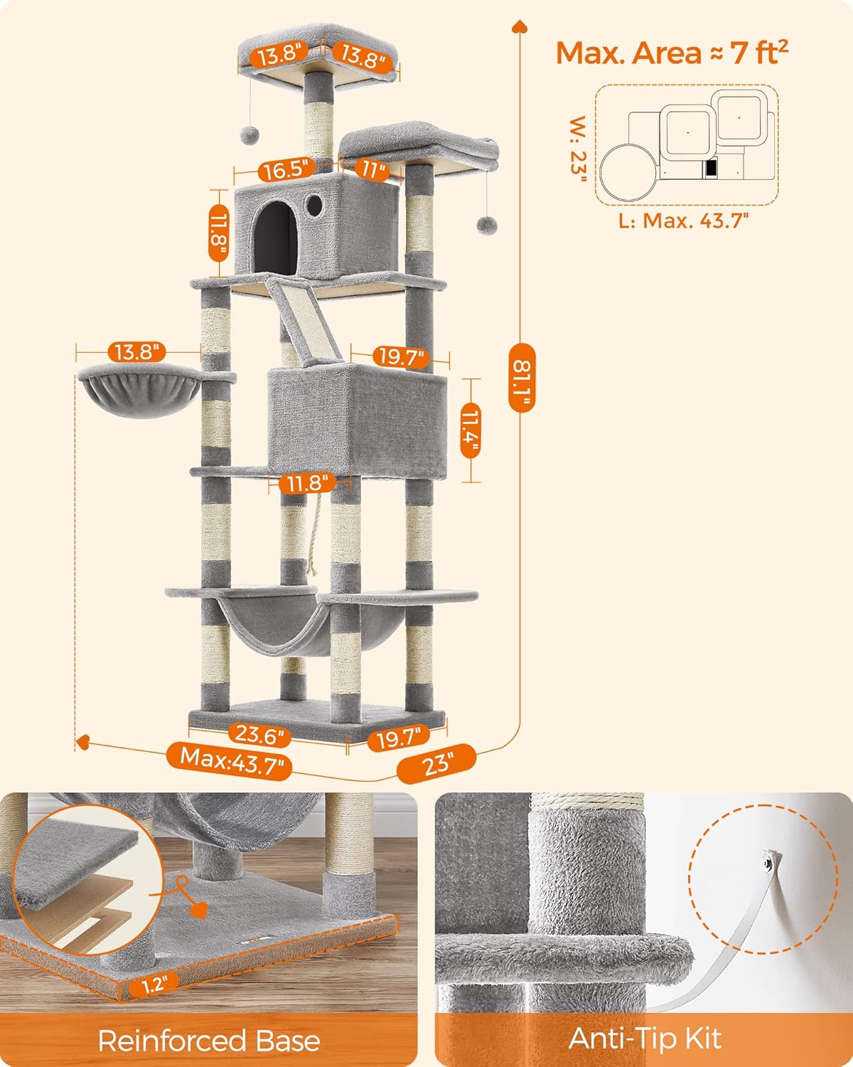 Feandrea Cat Tree, 81.1-Inch Large Cat Tower with 13 Scratching Posts, 2 Perches, 2 Caves, Basket
