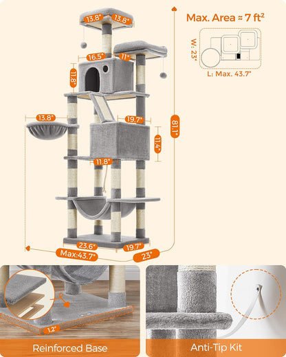 Feandrea Cat Tree, 81.1-Inch Large Cat Tower with 13 Scratching Posts, 2 Perches, 2 Caves, Basket