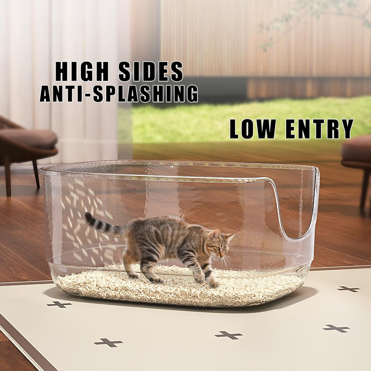 Gefryco Large Cat Litter Box with High Sided 24.6"x18.3"x12.2" - Jumbo Extra Large Open Anti