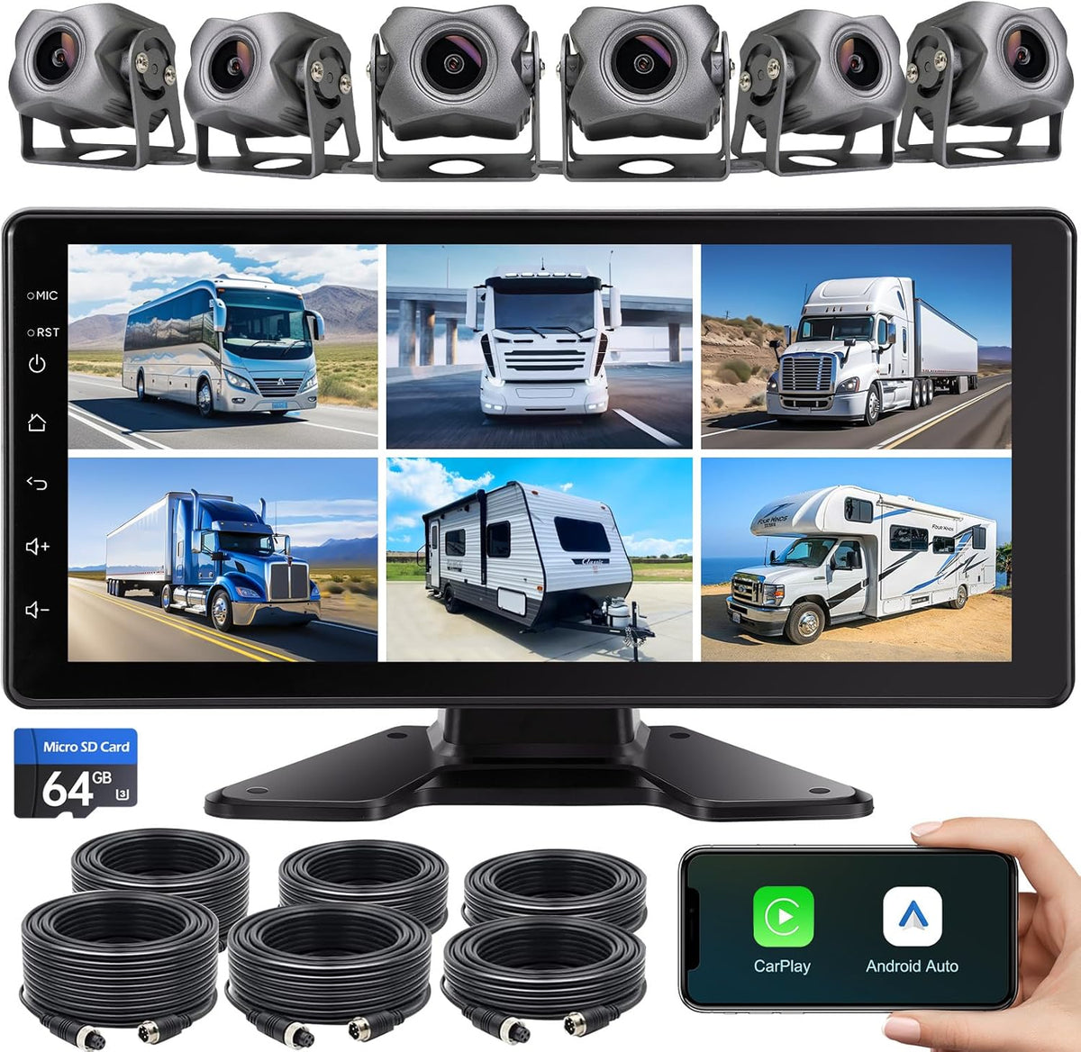 6-Channel Dash Cam 1080P Backup Camera System with 10.33 Inch Touch Parking Monitor,DVR Recording