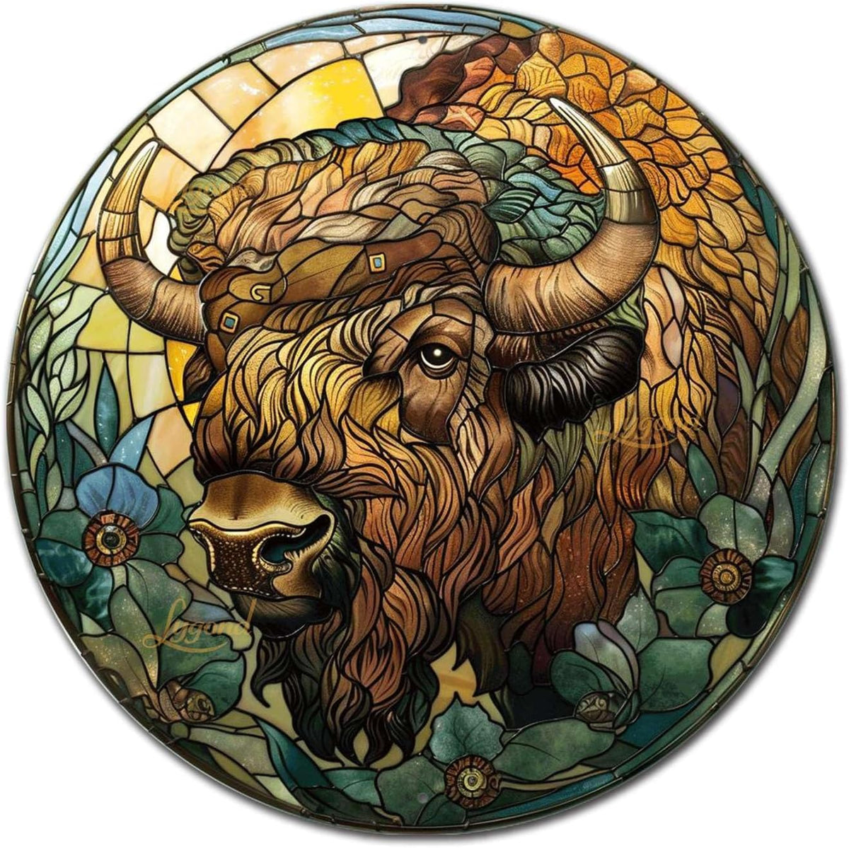 Lygond Metal Sign Tin Sign Circular Stained Glass American Bison Greenhouse Decor for Restaurant