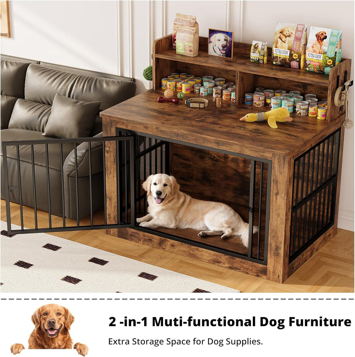 IRONCK Extra Large Dog Crate Furniture, 43.3 inches Wooden Dog Crate with Storage and 4 Hooks