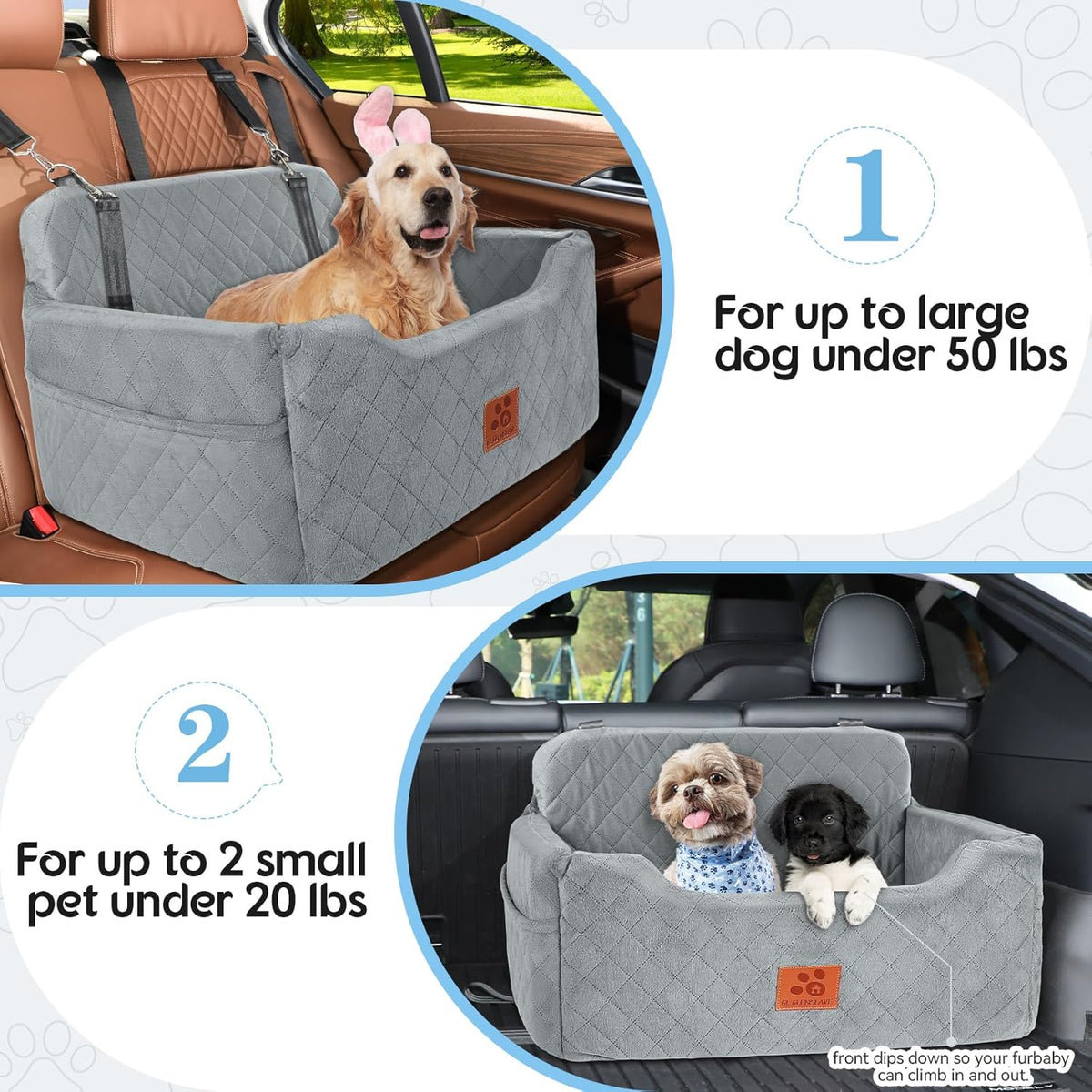 Dog Car Seat for Medium/Large Dogs, Dog Booster Seat for Pet Under 50lbs or 2 Small, Detachable and
