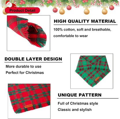 ADOGGYGO Christmas Dog Bandanas with Tassels, Red Green Plaid Pet Xmas Scarf Bib, Multiple Sizes