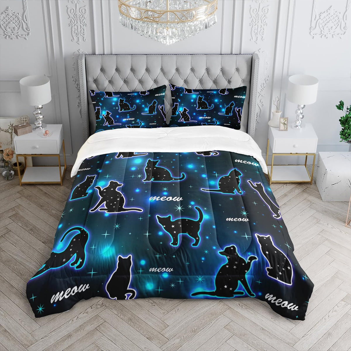 Kawaii Pet Cat Comforter 3Pcs Twin Gradient Line Cute Kitten Animal Bedding Set for Kids Teens
