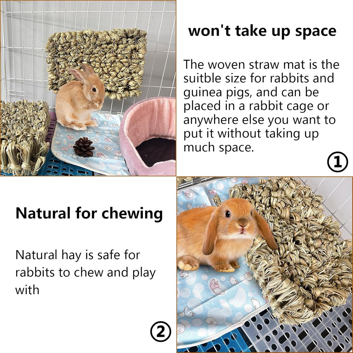 Hamiledyi Rabbit Grass Bed 2PCS Guinea Pig Hay Mat Bunny Natural Straw Woven Bed Rabbit Handmade