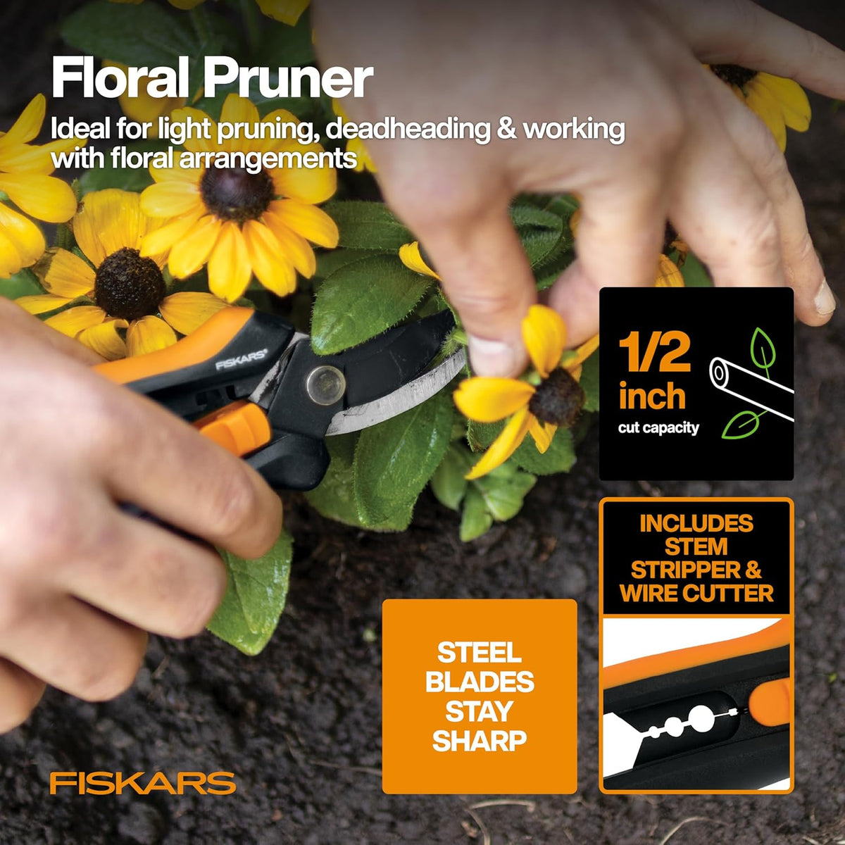Fiskars Flower Gardening Tool Gift Set with Floral Pruner, Trowel, Cultivator, Garden Gloves, and