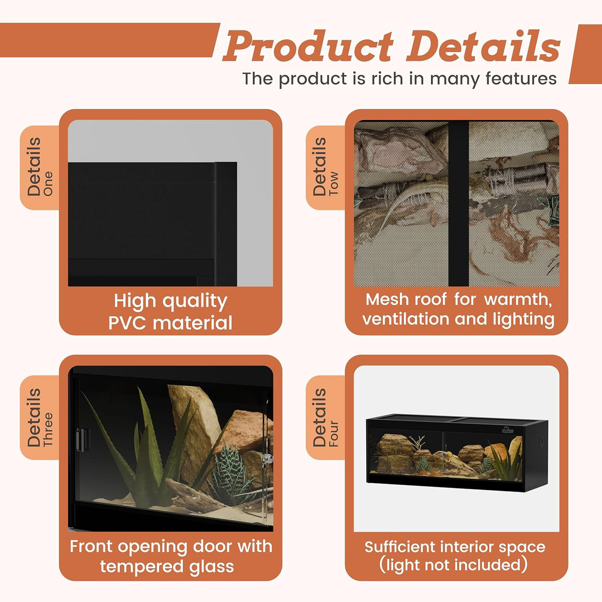 65 Gallon PVC Reptile Enclosure, RepWild 48"x18"x18" Terrarium/Tank with Heavy-Duty Screen Top