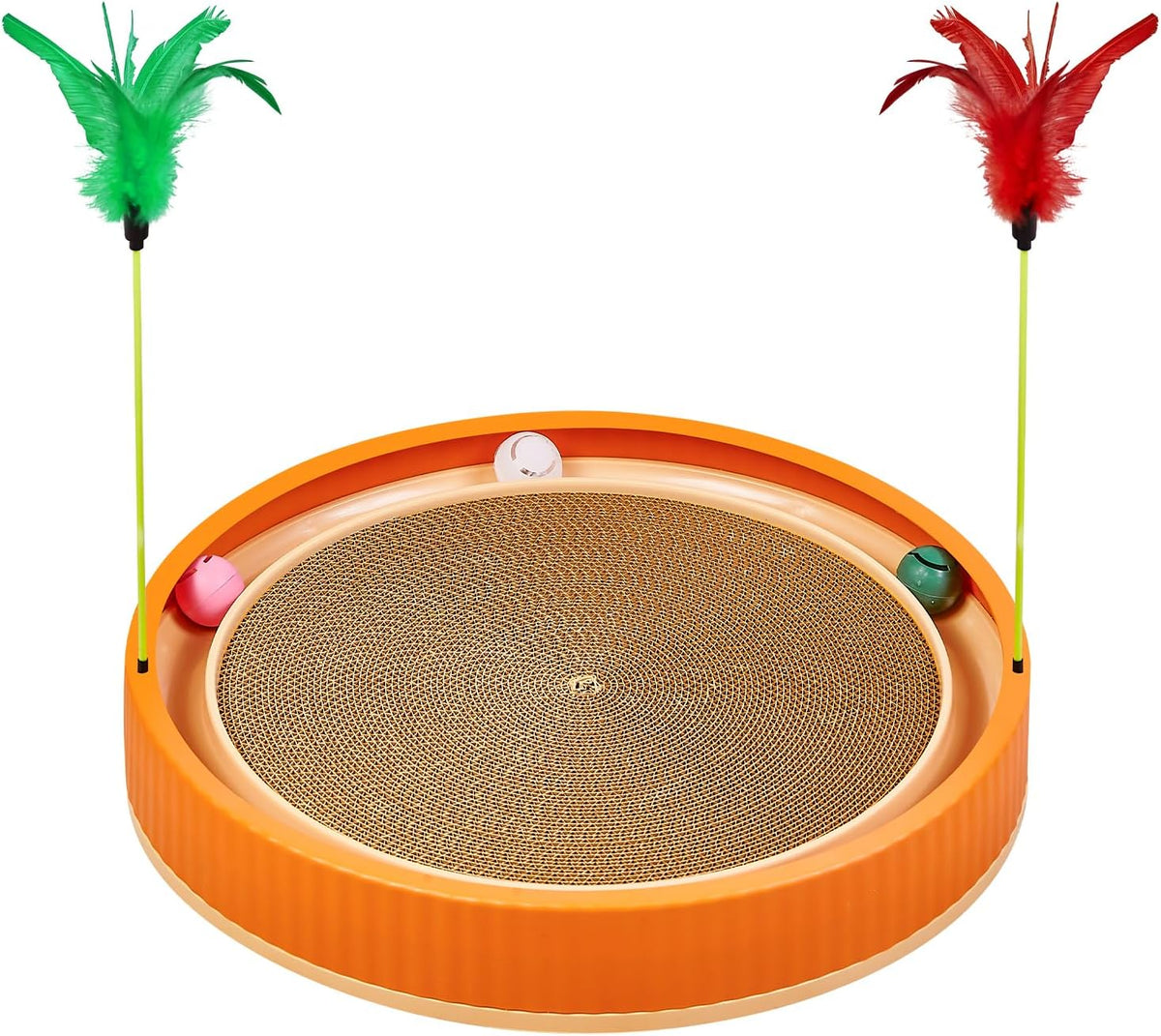 20-Inch Round Cat Scratcher with Ball Track – 3-in-1 Cardboard Cat Scratching Pad with Feather