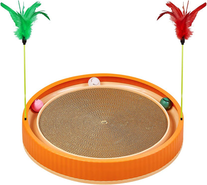 20-Inch Round Cat Scratcher with Ball Track – 3-in-1 Cardboard Cat Scratching Pad with Feather