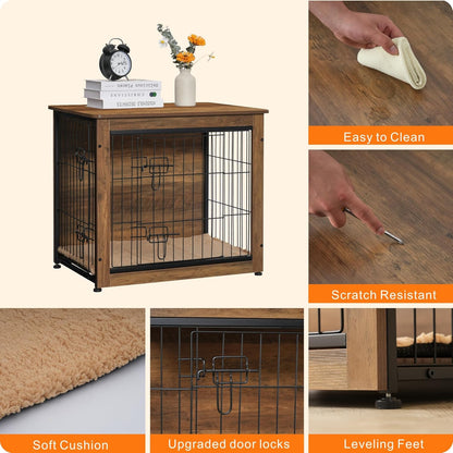 DWANTON Dog Crate Furniture with Cushion, Wooden Kennel Table with Double Doors, Indoor Dog House