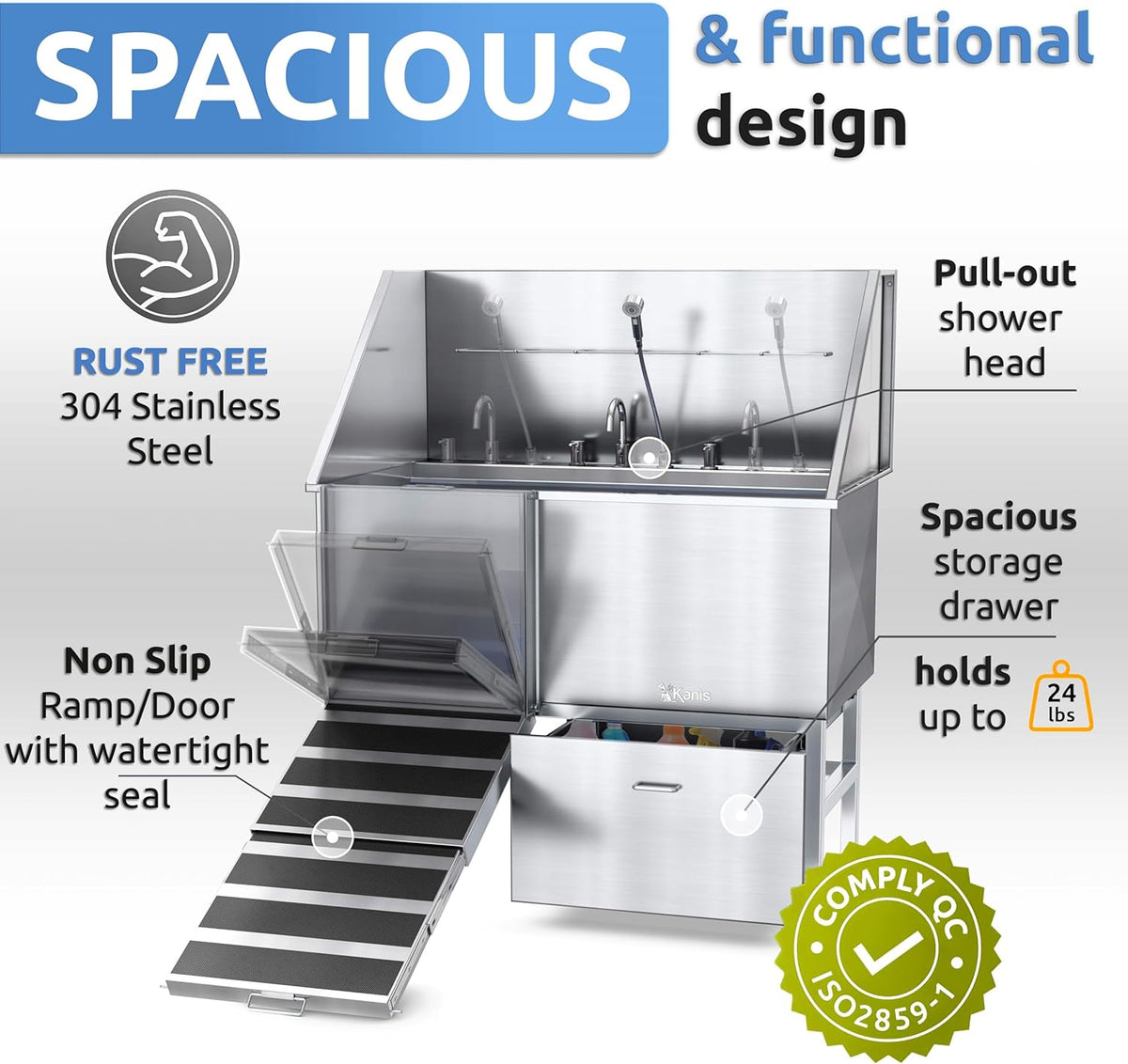 KANIS Professional Dog Washing Station - 304 Stainless Steel Pet Wash Sink & Grooming Bath Tub for