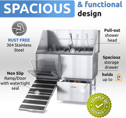 KANIS Professional Dog Washing Station - 304 Stainless Steel Pet Wash Sink & Grooming Bath Tub for