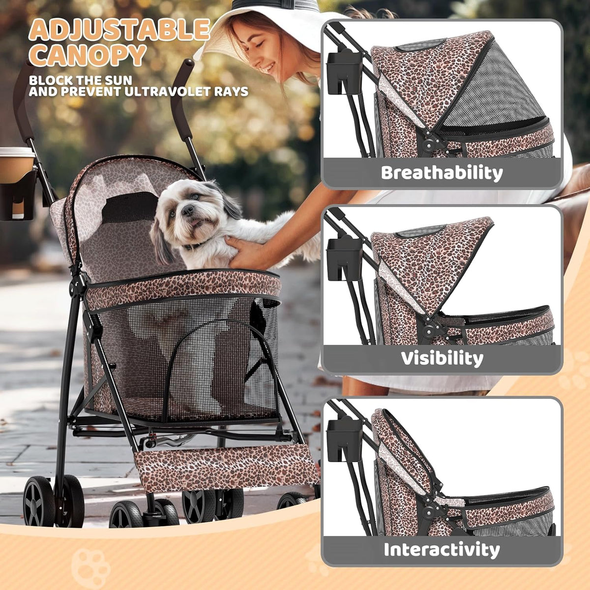 Magshion Compact Pet Stroller for Small-Medium Dogs/Cats up to 22lbs, 4-Wheel Lightweight Umbrella