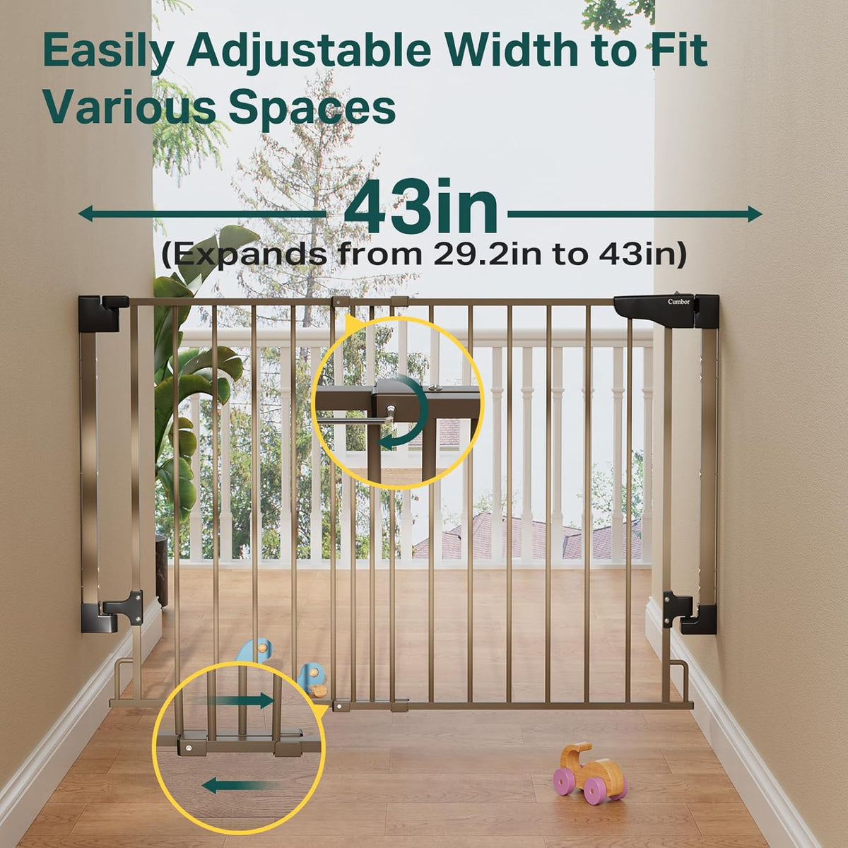 Cumbor 29.2-43" No Bottom Bar Baby Gate for Stairs, 2-in-1 Hardware Mounted Dog Gate Indoor, Pet