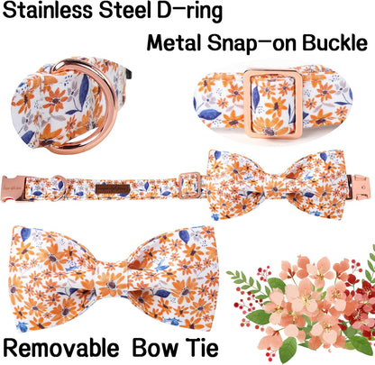 Unique Style Paws Autumn Leaf Collar with Bow Blue Leaf Flower Cotton Dog Collars for Small Medium