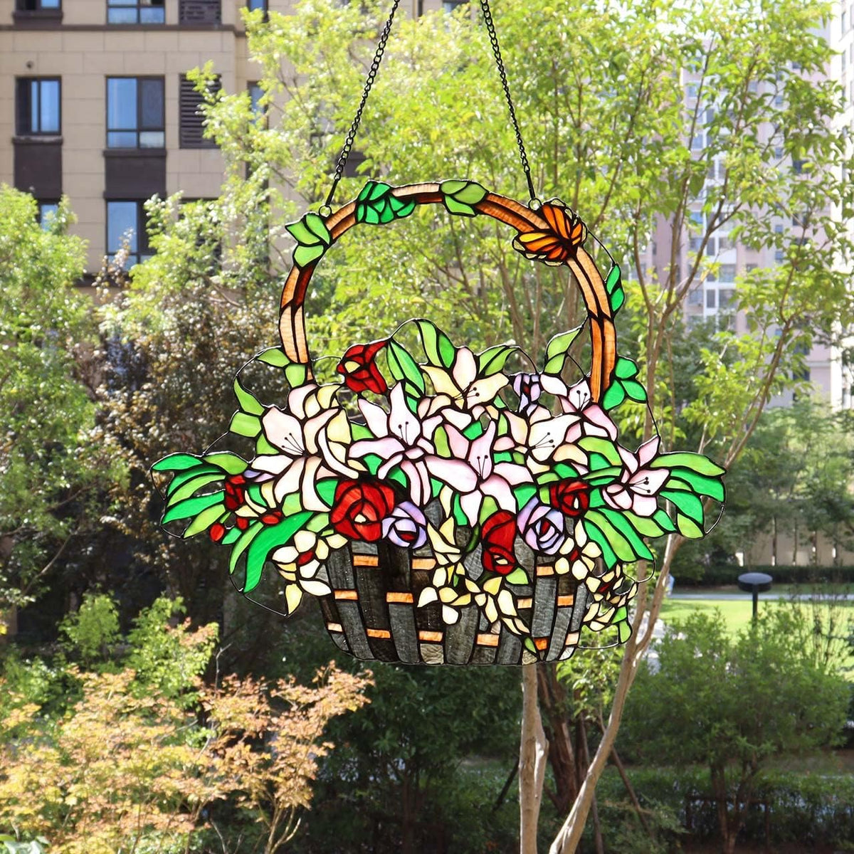Bieye W10037 Lily and Rose Flower Gaily Decorated Basket Tiffany Style Stained Glass Window Panel