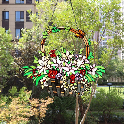 Bieye W10037 Lily and Rose Flower Gaily Decorated Basket Tiffany Style Stained Glass Window Panel