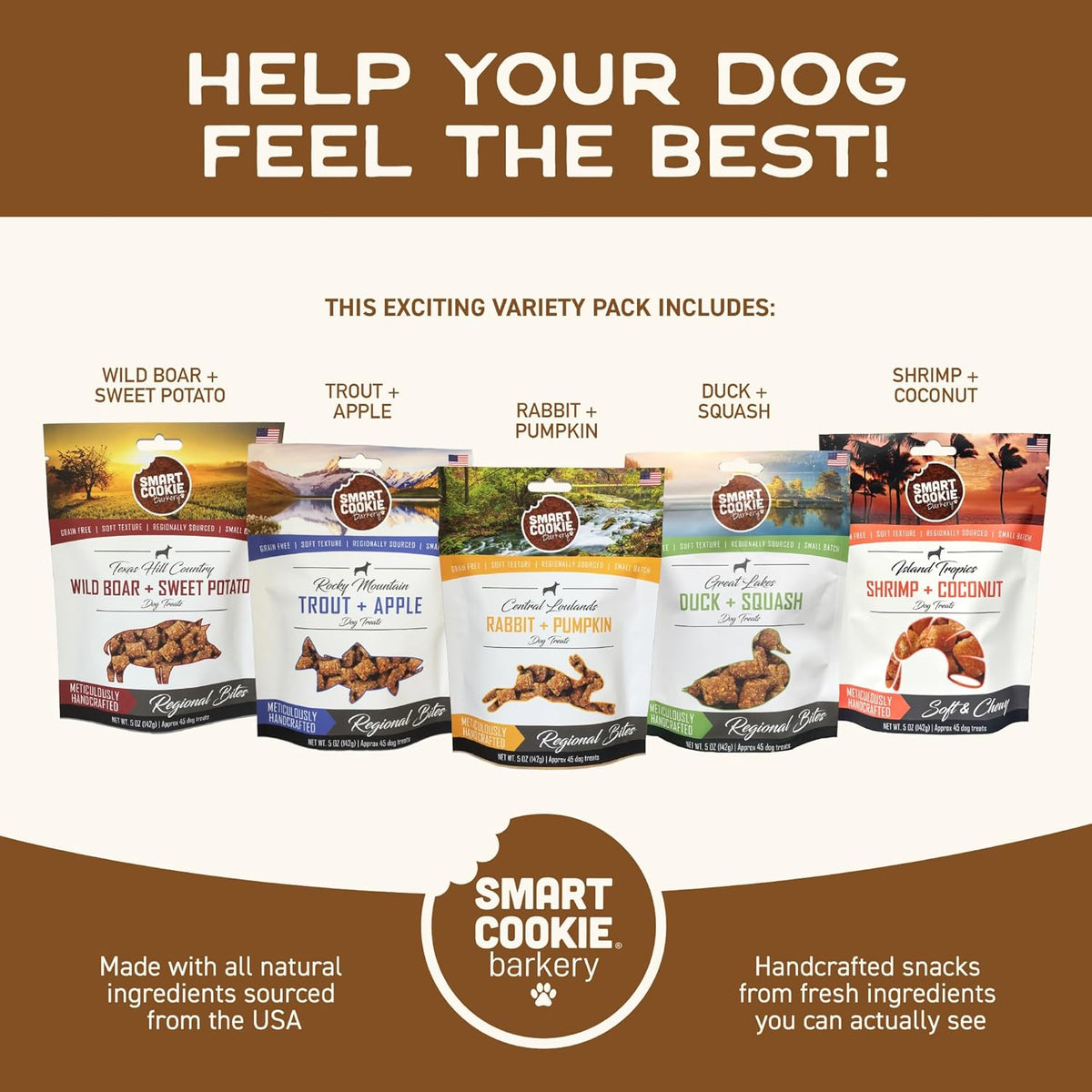 Smart Cookie All Natural Soft Dog Treats - 5 Flavor Variety Pack (5oz Each) - Healthy Dog Treats
