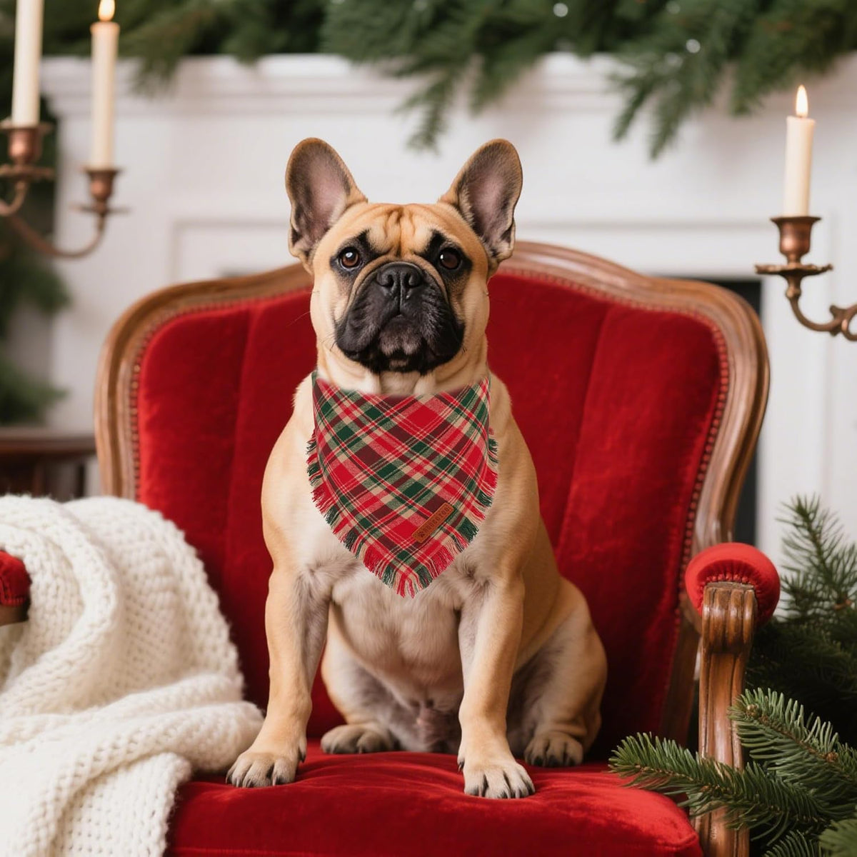 ADOGGYGO Christmas Dog Bandanas with Tassels Edges, Stylish Red Plaid Xmas Scarf, Multiple Sizes