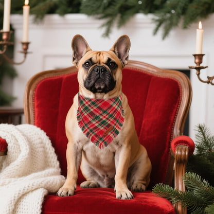 ADOGGYGO Christmas Dog Bandanas with Tassels Edges, Stylish Red Plaid Xmas Scarf, Multiple Sizes