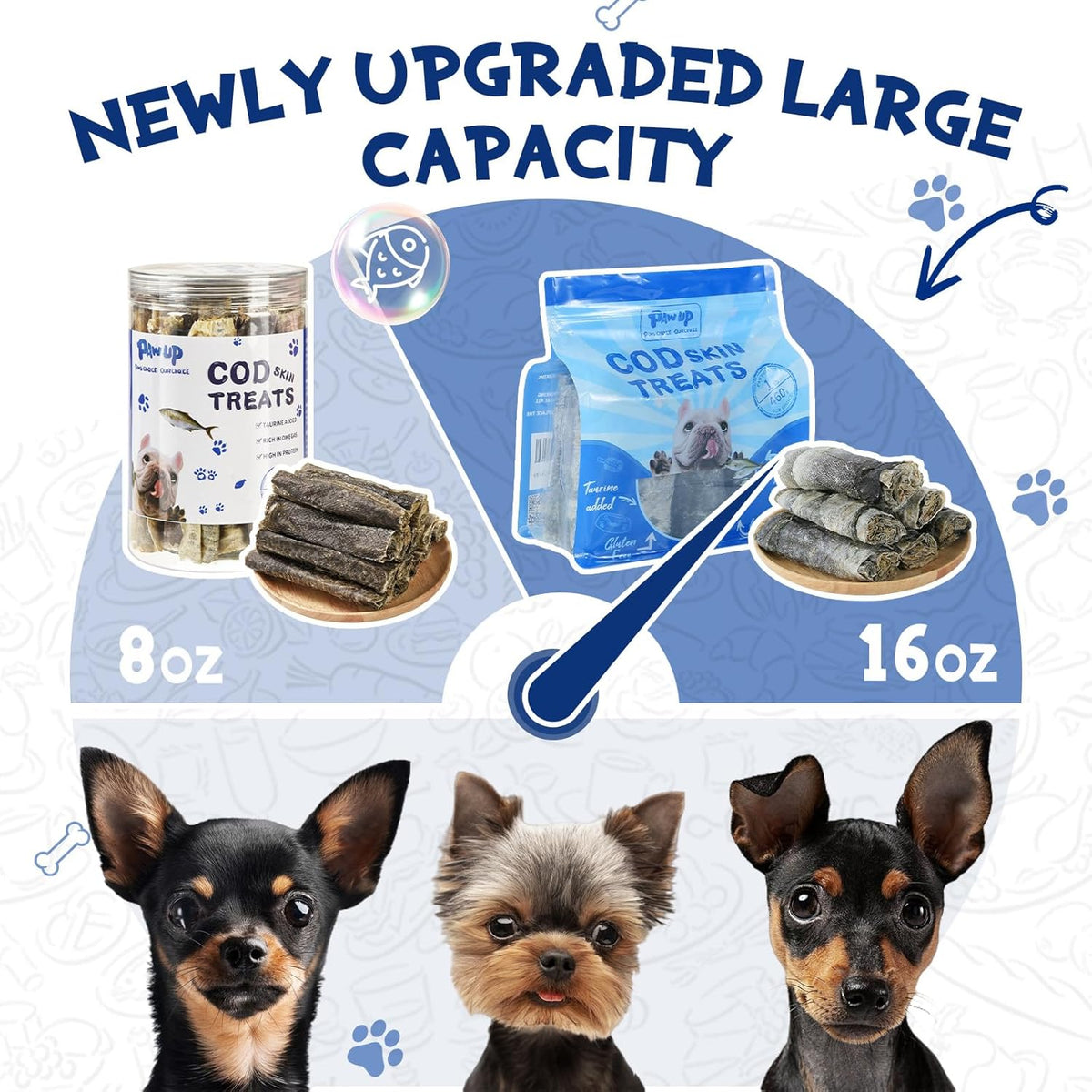 Cod Skin Dog Treats - Natural Fish Roll Snacks w/Taurine, Single Ingredient Chews, Rich in Omega 3