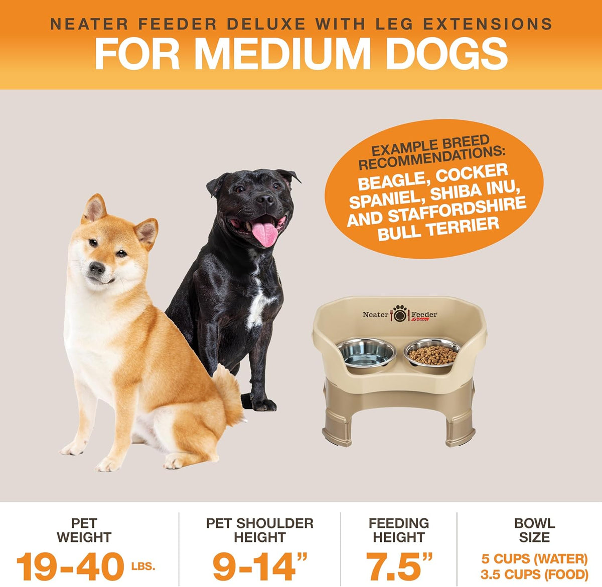 Neater Feeder Deluxe Mess Proof Dog Bowls Elevated Medium Sized Dogs (19-40 lbs) Made in USA, No