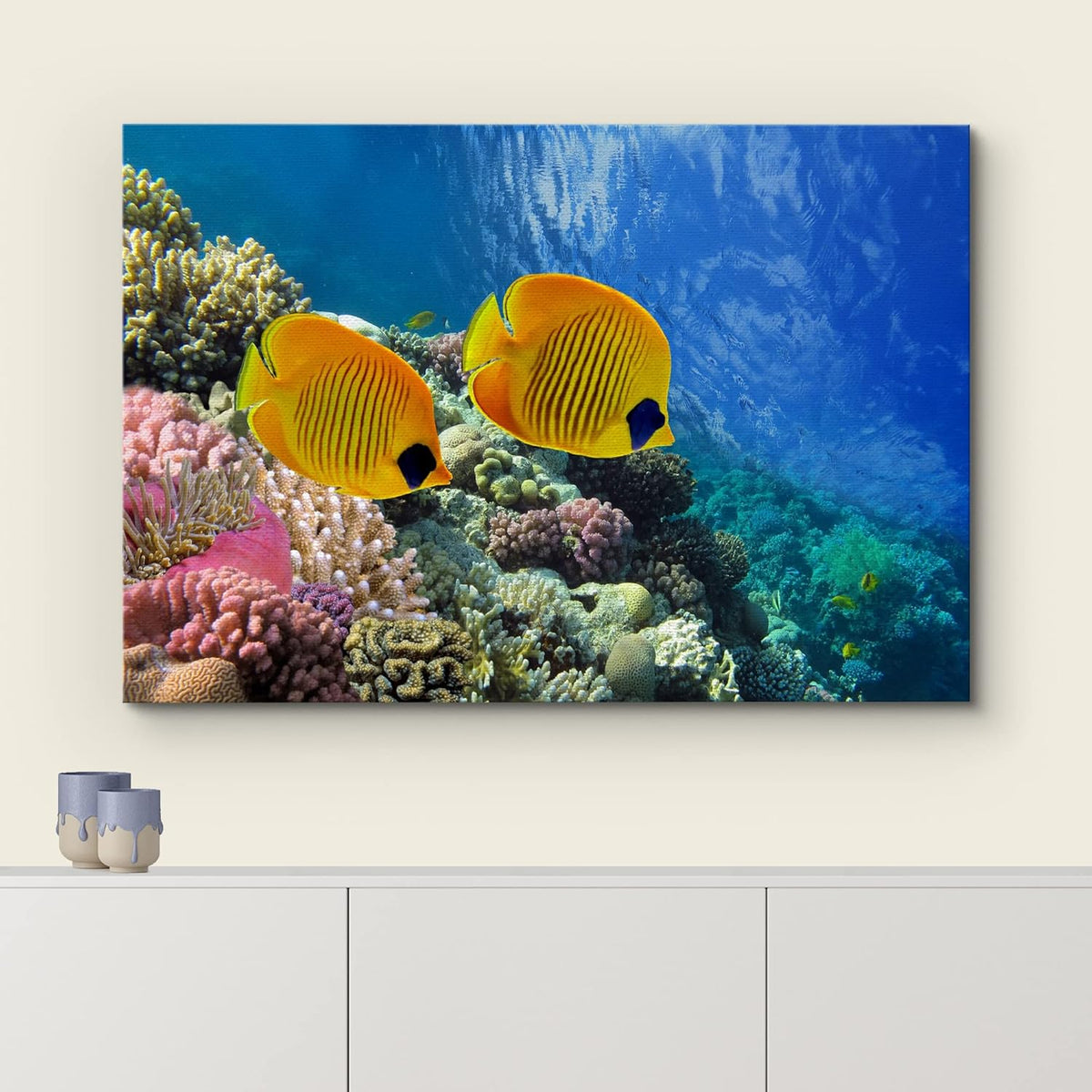 wall26 Canvas Print Wall Art Tropical Yellow Fish with Vibrant Coral Reef Nature Ocean Photography