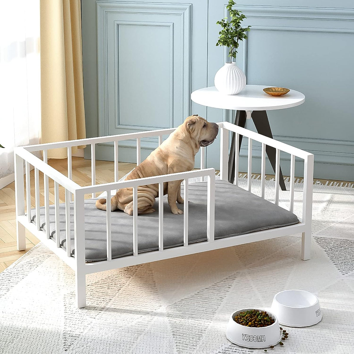 Dog Bed with Rails - Elevated Pet Metal Bed Frame with Solid Wood Board and Washable Soft Mat for