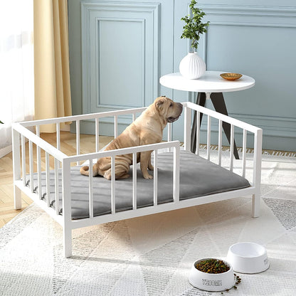 Dog Bed with Rails - Elevated Pet Metal Bed Frame with Solid Wood Board and Washable Soft Mat for