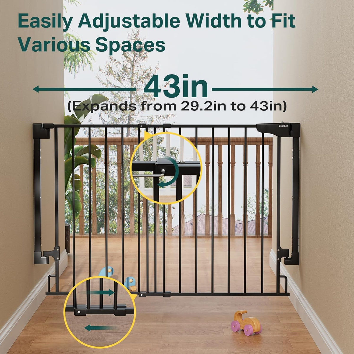 Cumbor 29.2-43" No Bottom Bar Baby Gate for Stairs, 2-in-1 Hardware Mounted Dog Gate Indoor, Wide