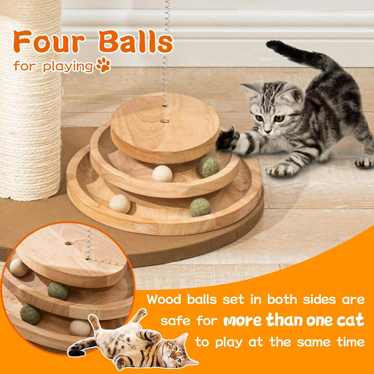 Natural Wood Modern Cat Tree with Top Cats Bed, Unique Cute Cats Furniture Activity Centre with