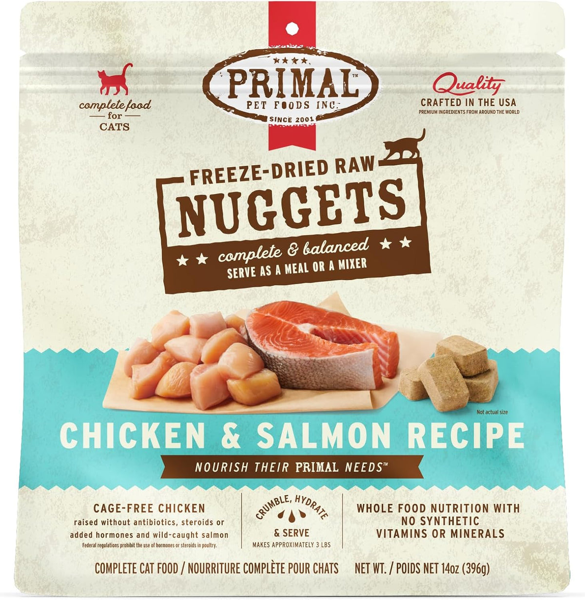 Primal Freeze Dried Raw Cat Food Nuggets Chicken & Salmon, Complete & Balanced Meal or Topper
