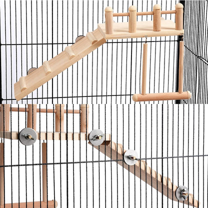 Bird Perches Platform Swing with Climbing Ladder, Parakeet Cage Accessories Wooden Playing Gyms