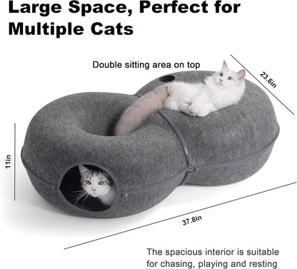 8-Shaped Large Cat Tunnel Bed for Indoor Cats, Infinite Circulation Peekaboo Cat Cave with 12 Toy